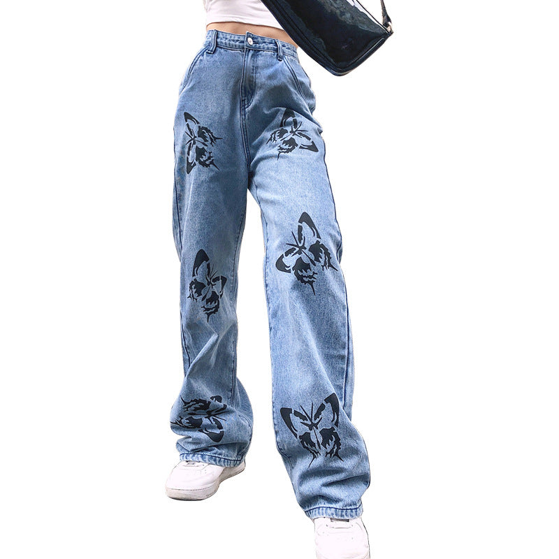 Ladies wide High-Waist jeans with Gothic butterfly print and relaxed straight-leg Mune Fashion