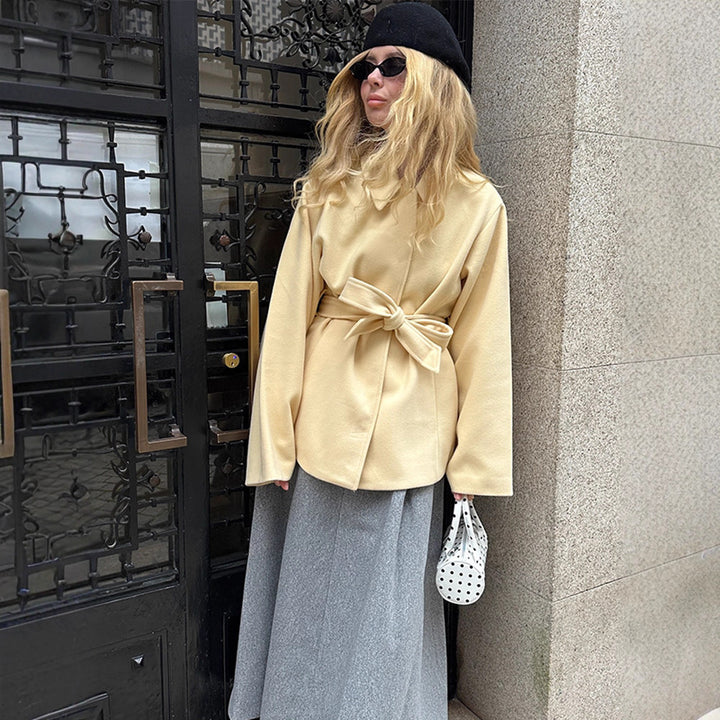 Women Wool Blend Short Jacket with Tying Belt, Boxy Silhouette and Subtle Lapel Mune Fashion