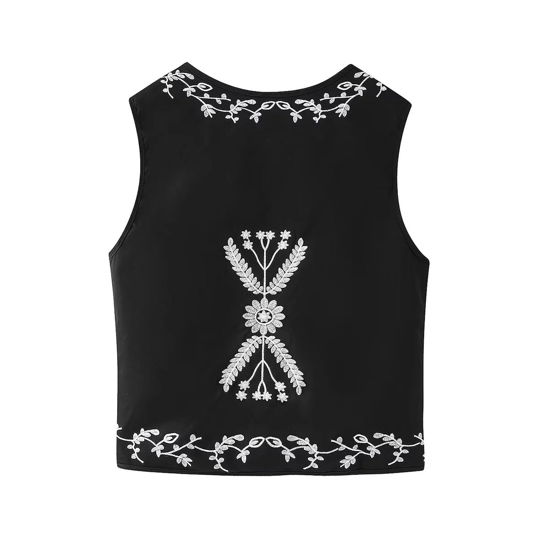 Women nan embroidered short vest in Boho style with deep V-neck, floral decorative embroidery and tie band Mune Fashion