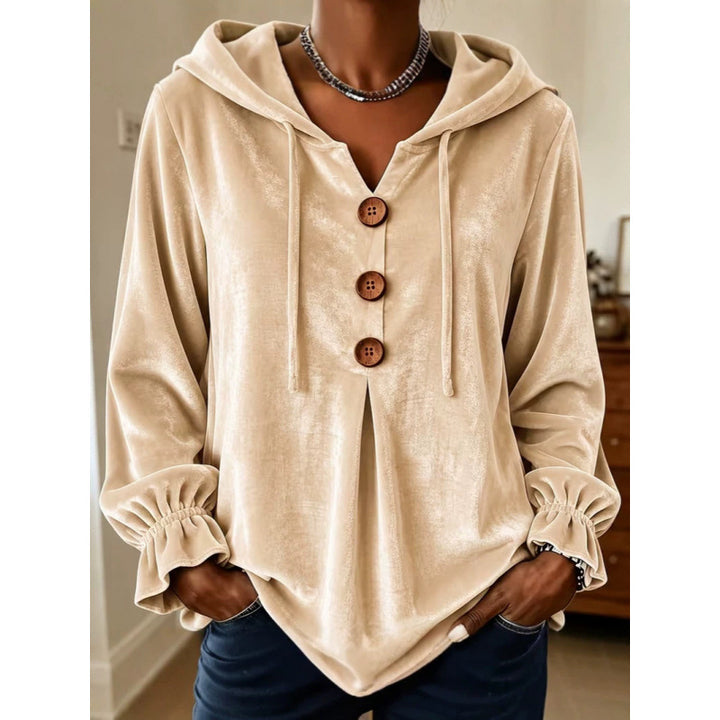 Women's Velvet Hoodie with Wooden Button Placket, Drawstring and Gathered Sleeves Mune Fashion