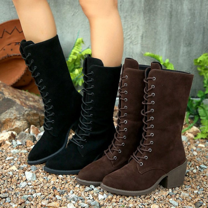 Women Elegant Lace-Up Boots in Suede Look with Mid-High Shaft and Comfortable Block Heel Mune Fashion