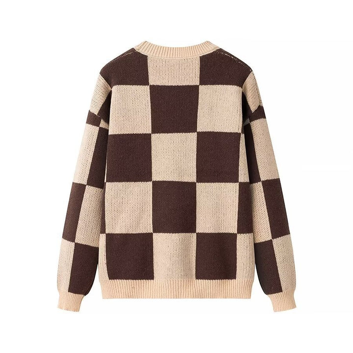 Women's Oversize Knit Sweater with Large Check Pattern and Ribbed Hem Mune Fashion
