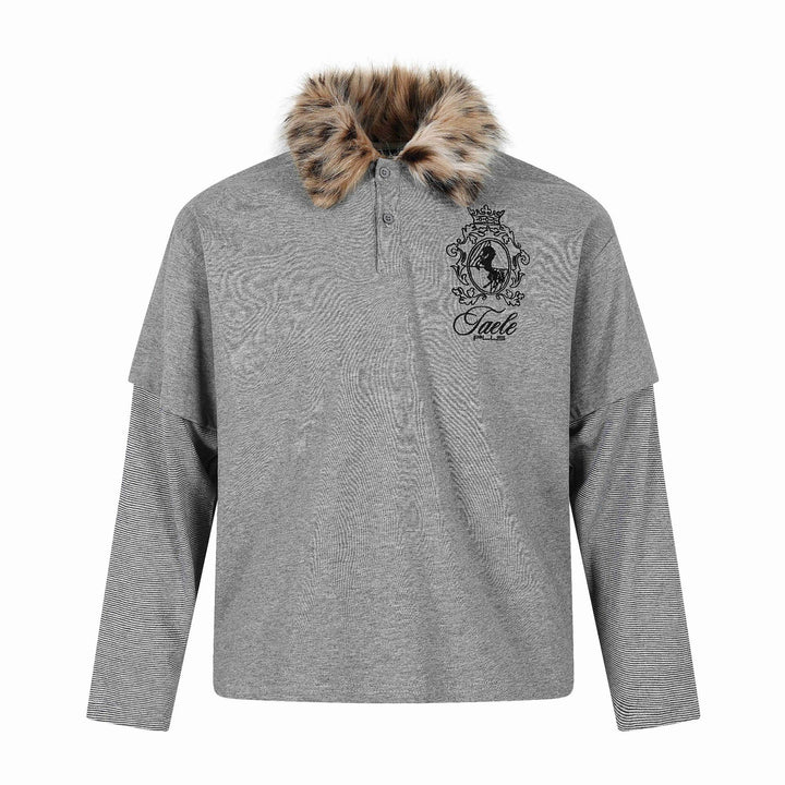 Women Layered-Look Long Sleeve Polo with Faux Fur Collar and Badge Embroidery Mune Fashion