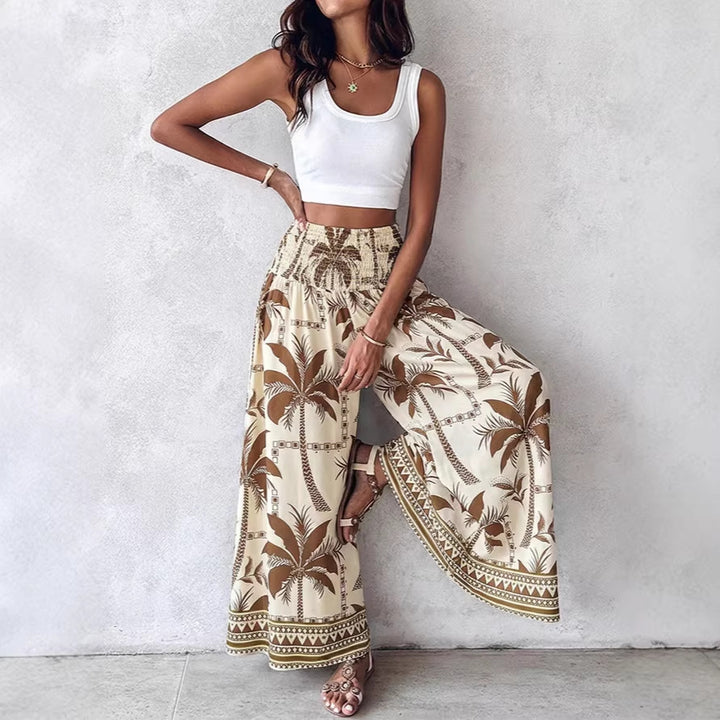 Women's maxi skirt with high smocked waist and airy boho palm print Drune