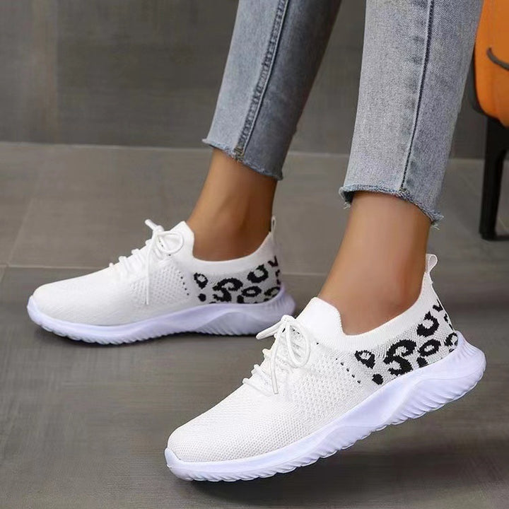 Women's Breathable Knit Slippers with Padded Cushioning Sole and Leopard Shaft Mune Fashion