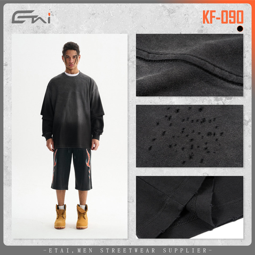 Men's Oversize Long Sleeve Shirt with Double Layer Look and Used Details Mune Fashion