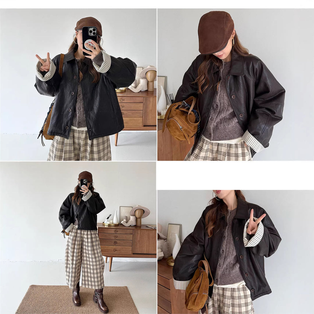 Ladies Modern Leather Jacket with Striped Cuffs Mune Fashion