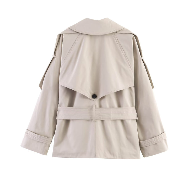 Women's Short Oversized Trench Coat with Belt and Cape Detail Mune Fashion