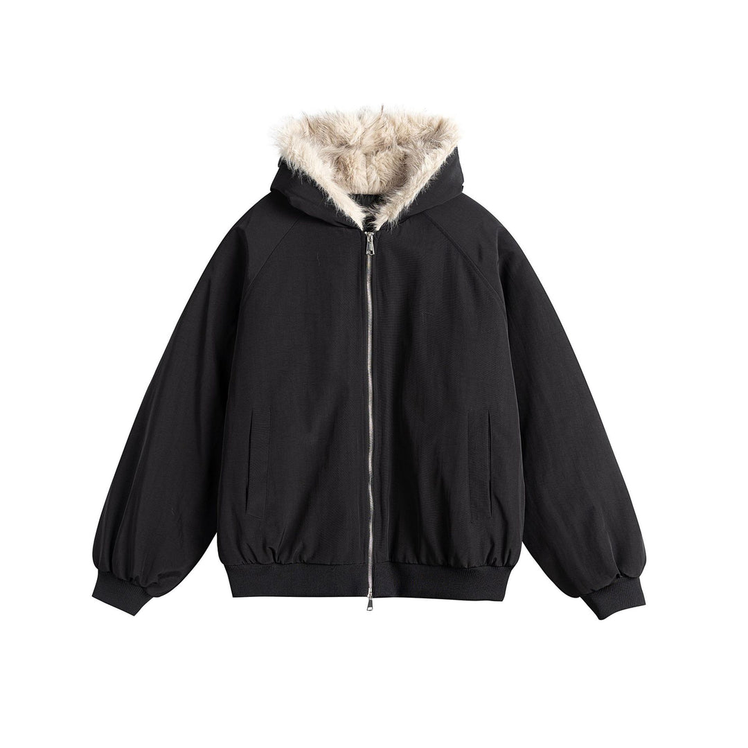 Women Oversized Bomber Jacket with Faux Fur Lined Hood and Raglan Sleeves Mune Fashion