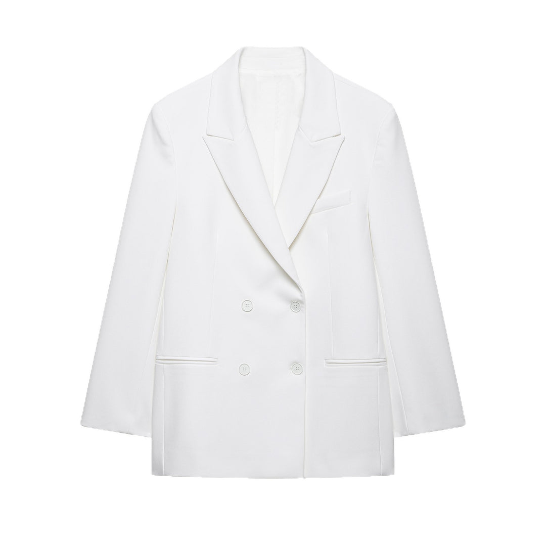 Women Double-Breasted Longline Blazer with Oversized Cut and Piped Pockets Mune Fashion