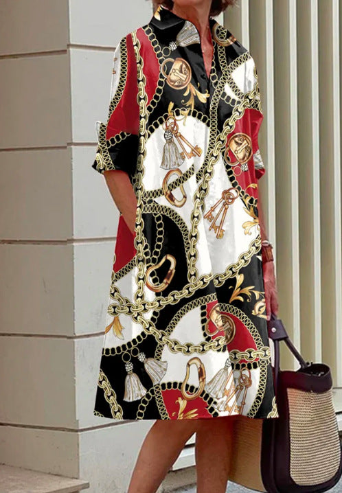 Women's Loose Shirt Dress in Satin Look with Baroque Chain Print and 3/4 Sleeves Mune Fashion