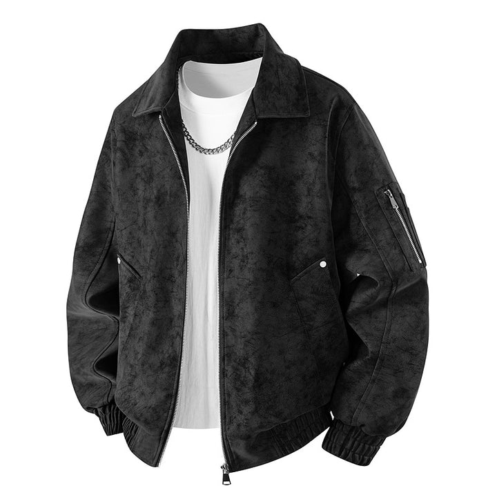 Men's Velour Leather Look Oversized Bomber Jacket with Utility Arm Pocket & Flap Pockets Mune Fashion