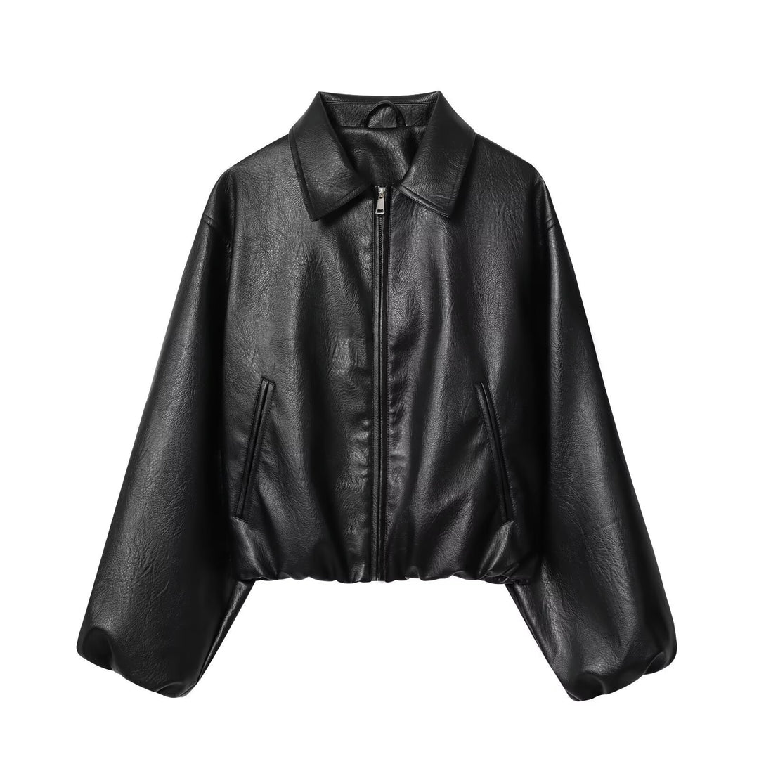 Women's short jacket in boxy look made of vegan leather with concealed zipper Mune Fashion