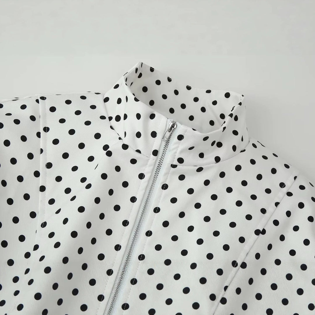 Women's Cropped Blouson Jacket in Retro Dot Print with Stand-Up Collar and Shaping Panel Seams Mune Fashion