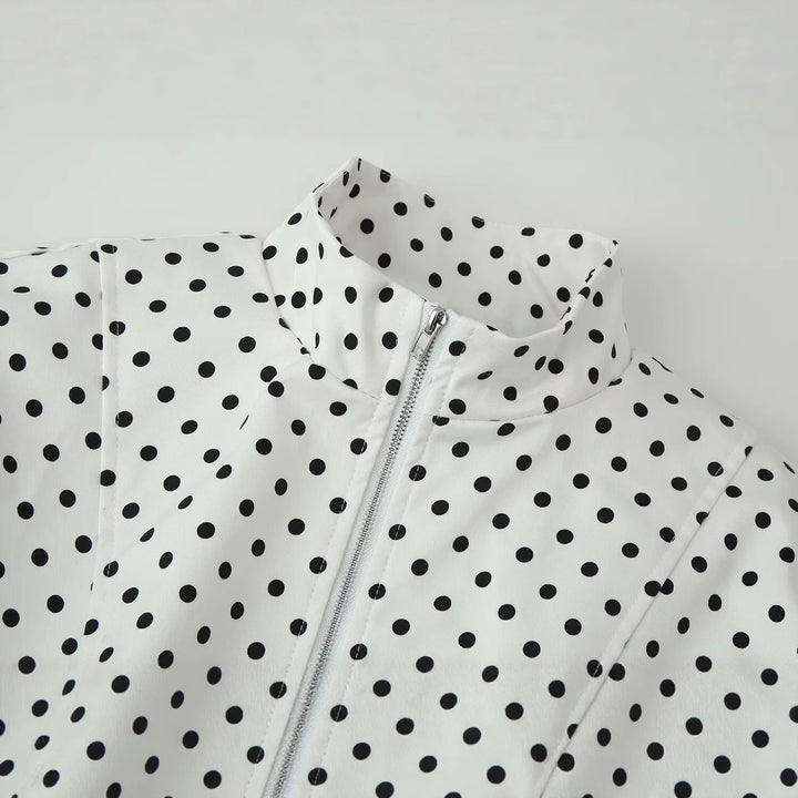 Women's Cropped Blouson Jacket in Retro Dot Print with Stand-Up Collar and Shaping Panel Seams Mune Fashion