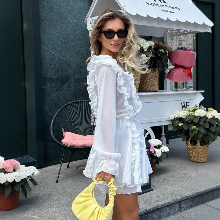 Ladies Romantic Chiffon Mini Dress with Ruffles and Lacing Detail Mune Fashion