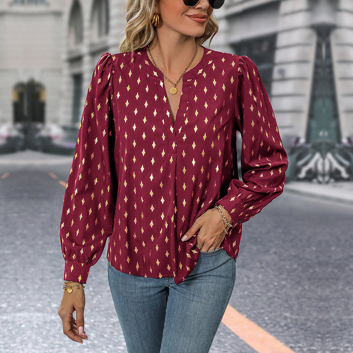 Women's loosely falling viscose fine blouse with stand-up collar, V-neck and balloon sleeves Mune Fashion