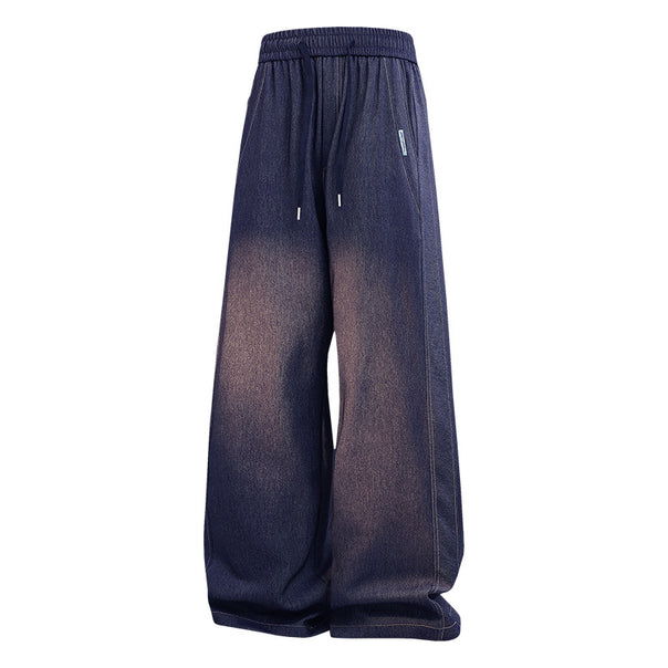 Women's Loose Denim Jogging Pants with Elastic Waistband, Drawstring & Vintage Wash Mune Fashion