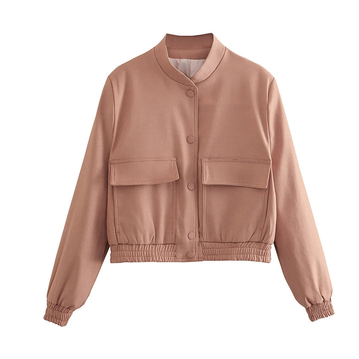 Women's short bomber jacket with stand-up collar, snap button placket, patch pockets, and elastic hem Mune Fashion