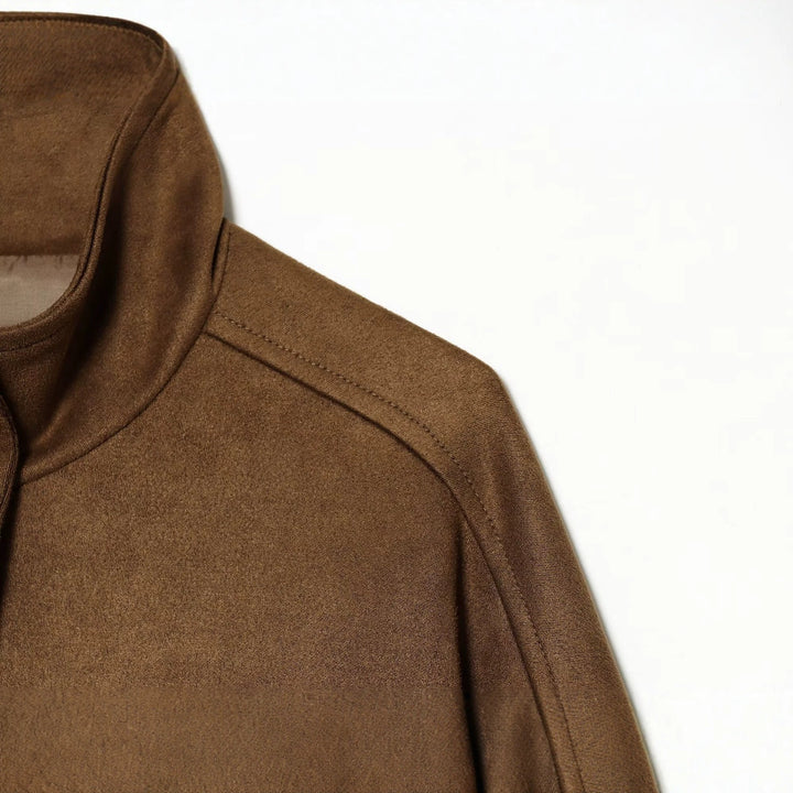 Women Short Boxy Suede Jacket with Stand Collar and Patch Pockets Mune Fashion