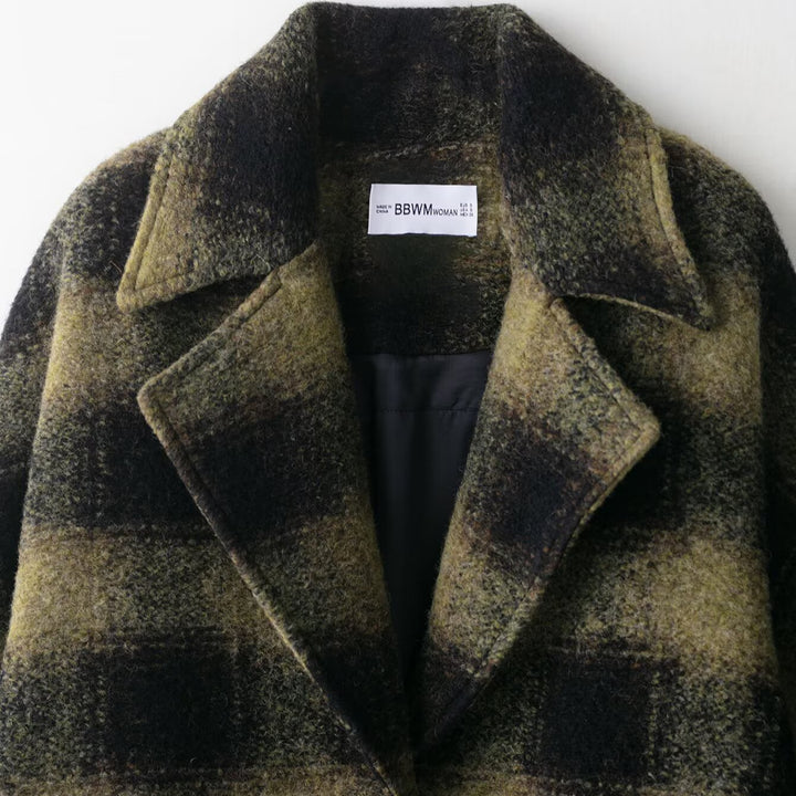 Women's Oversized Wool Blend Coat with Check Pattern, Notched Collar and Patch Pockets Mune Fashion