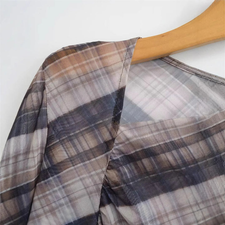 Women's nano transparent asymmetrical check pattern long sleeve Mune Fashion