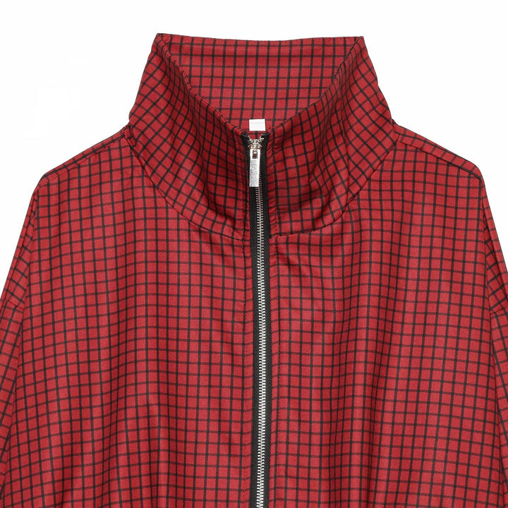 Women's Checked Cropped Bomber Jacket with High Stand Collar, Elastic Hem and Full Zip Mune Fashion