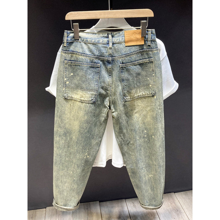 Men's Relaxed-Tapered Vintage Jeans with Paint-Splatter, High Waist and Cuffed Hem Mune Fashion