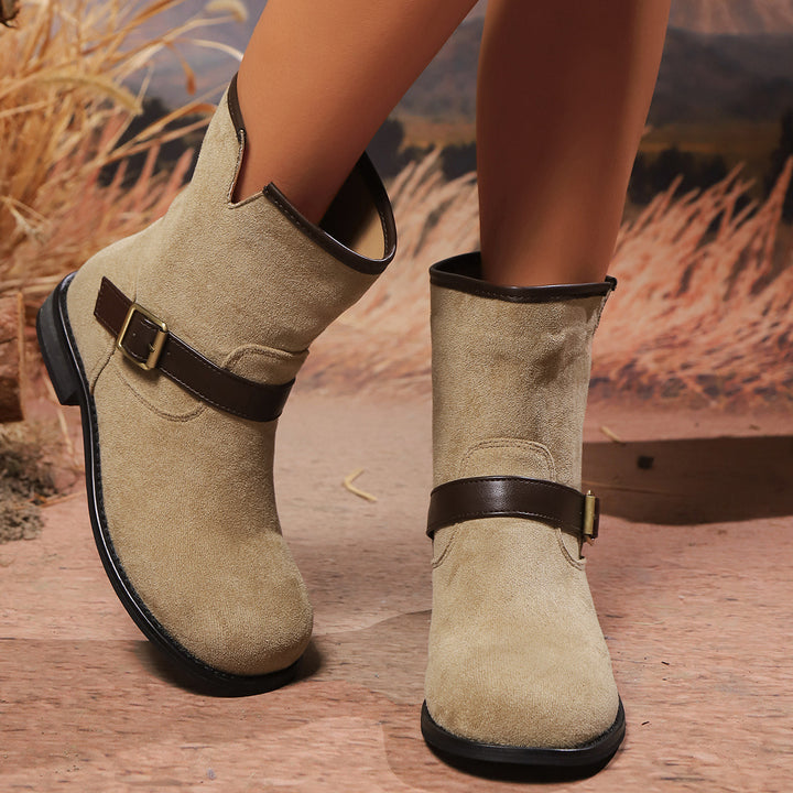 Women Velour Ankle Boots with Decorative Strap and Buckle Accent Mune Fashion