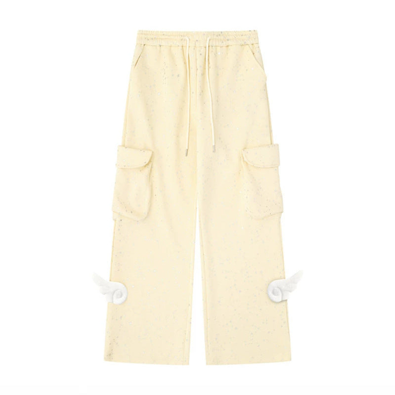 Women's Extra Wide Cargo Palazzo Sweatpants with Drawstring Waistband and Decorative Wing Appliqués Mune Fashion