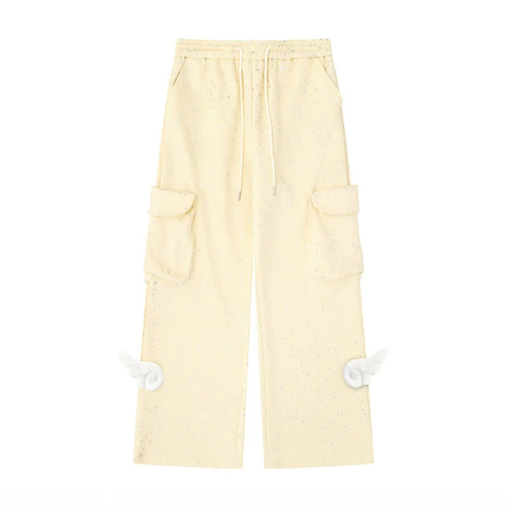 Women's Extra Wide Cargo Palazzo Sweatpants with Drawstring Waistband and Decorative Wing Appliqués Mune Fashion