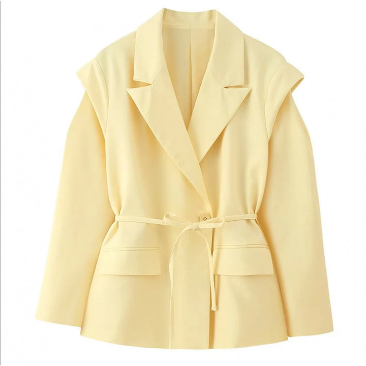 Women Tailored Blazer with Delicate Tie Waist, Emphasized Shoulder Area and Flap Pockets Mune Fashion