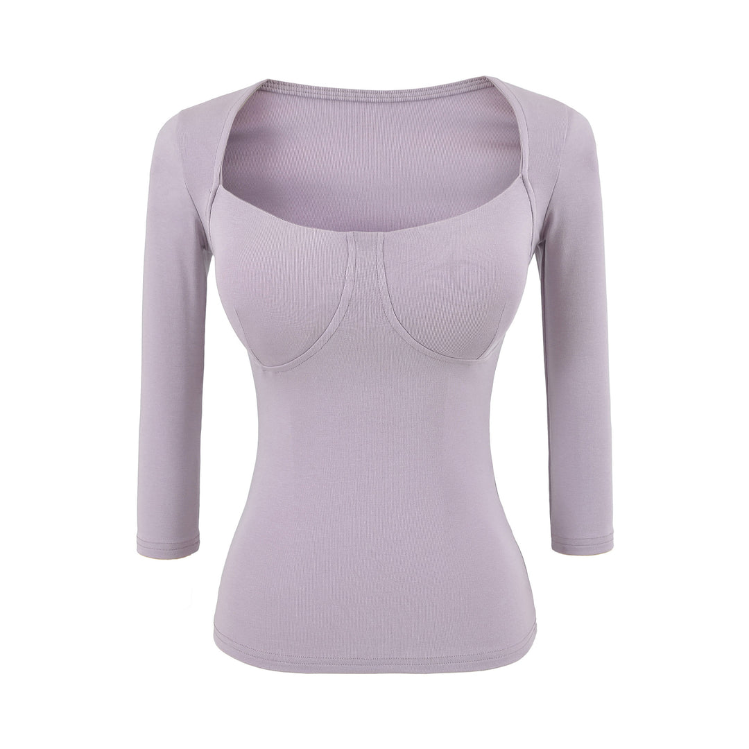 Women's Fitted Long Sleeve Top with Integrated Bustier Contour and Square Neckline Mune Fashion