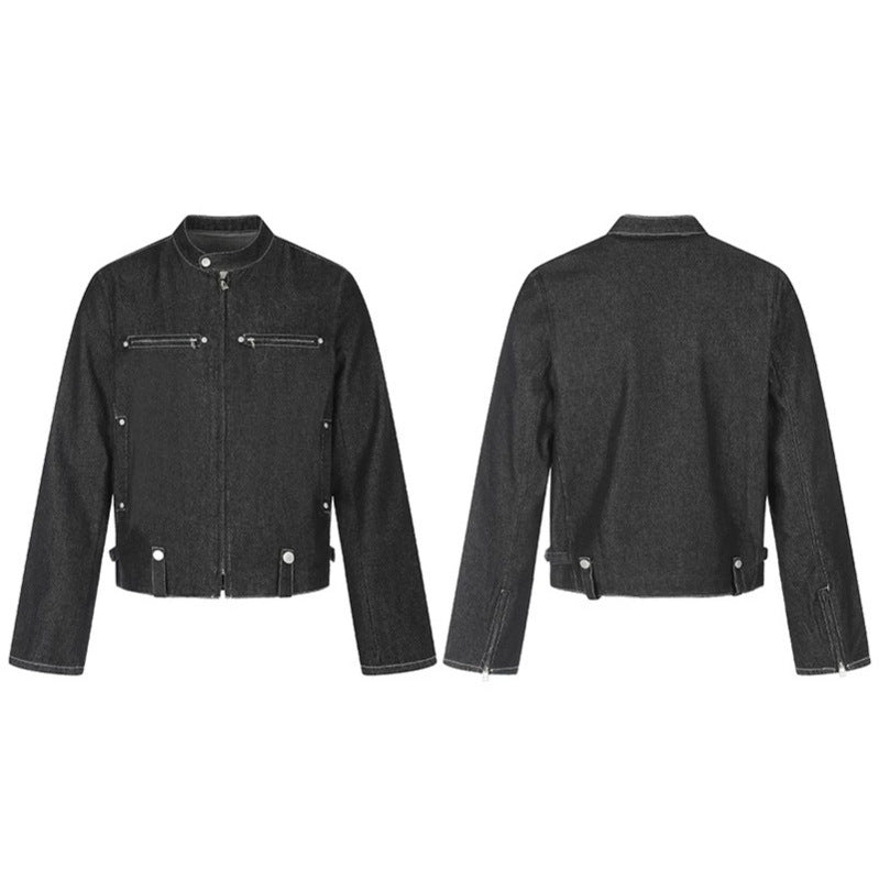 Women's short denim biker jacket with stand-up collar, zipper and snap button details Mune Fashion