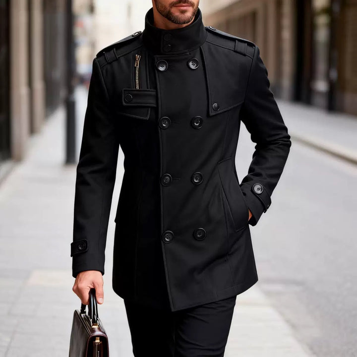 Men's tailored double-breasted short coat with stand-up collar and shoulder flaps Mune Fashion