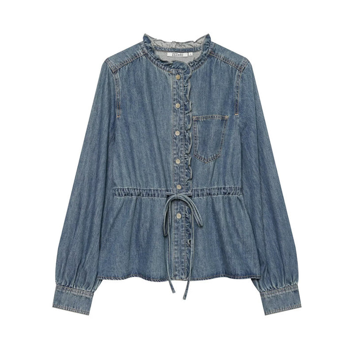 Women's tailored blouse jacket in denim look with ruffle collar and drawstring Mune Fashion