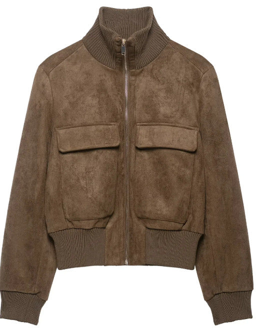 Ladies short-cut suede bomber jacket with ribbed collar and patch flap pockets Mune Fashion