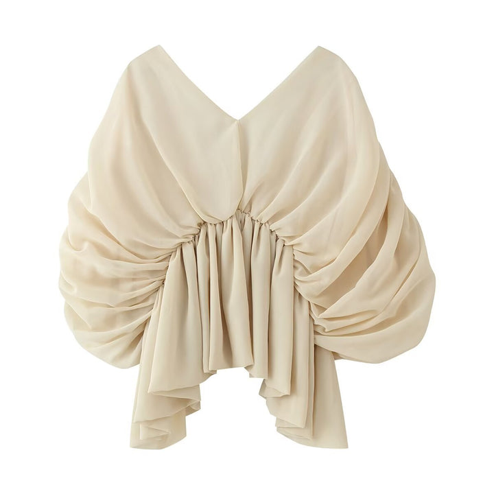 Women's Draped Chiffon Top with V-Neck and Voluminous Batwing Sleeves Mune Fashion