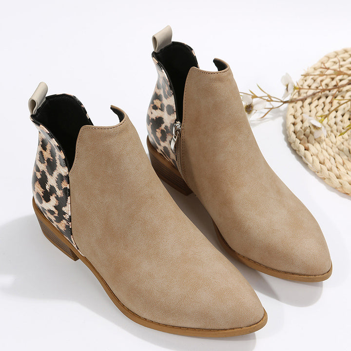 Women's ankle-high Chelsea ankle boots with leopard heel panel and low block heel Mune Fashion