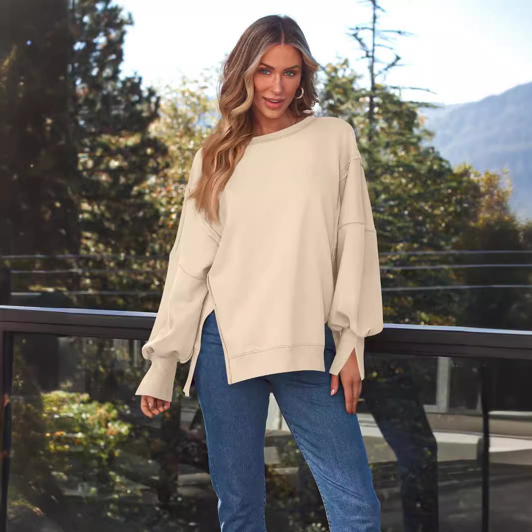Ladies Soft Longline Sweatshirt with Balloon Sleeves, Side Slits and Ribbed Hem Mune Fashion