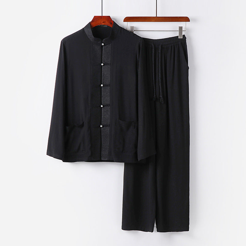 Men's Traditional Cotton Loungewear Set with Stand Collar, Knot Buttons and Drawstring Pants Mune Fashion