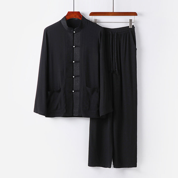 Men's Traditional Cotton Loungewear Set with Stand Collar, Knot Buttons and Drawstring Pants Mune Fashion