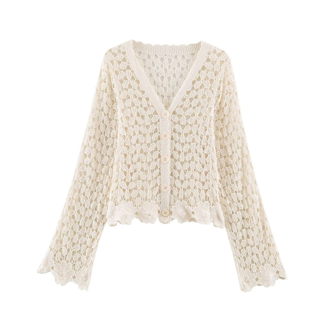 Women's crochet cardigan with lace effect, V-neck and wavy hem Mune Fashion