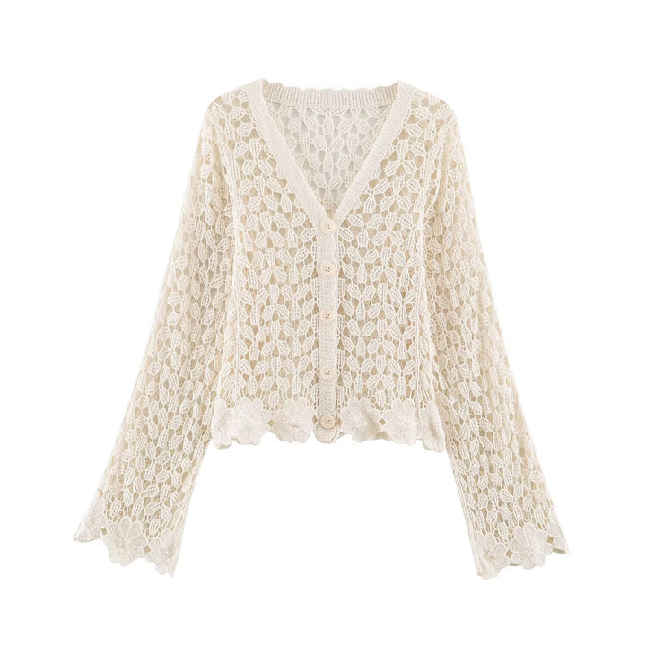 Women's crochet cardigan with lace effect, V-neck and wavy hem Mune Fashion