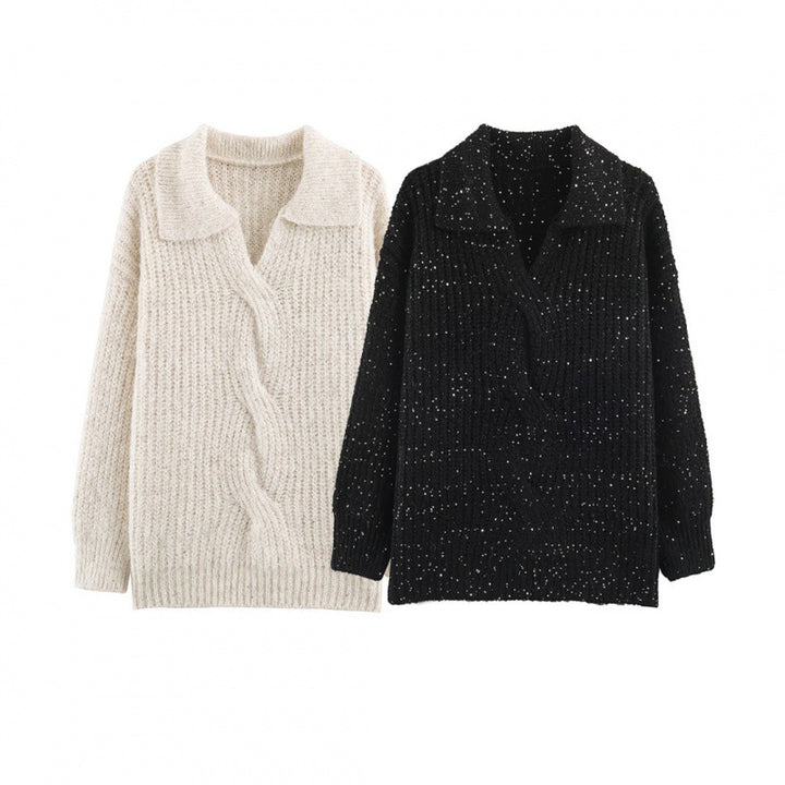 Women's Glittering Oversized Knit Sweater with Lapel Collar and Sequin Trim Mune Fashion
