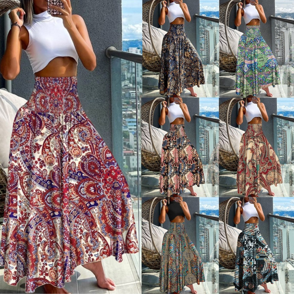 Ladies nan maxi skirt with high smocked waist and flowing boho pleated look Mune Fashion