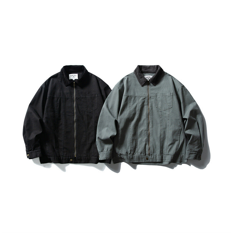 Men's Boxy Canvas Blouson Jacket with Cord Collar and Full-Length Zipper Mune Fashion