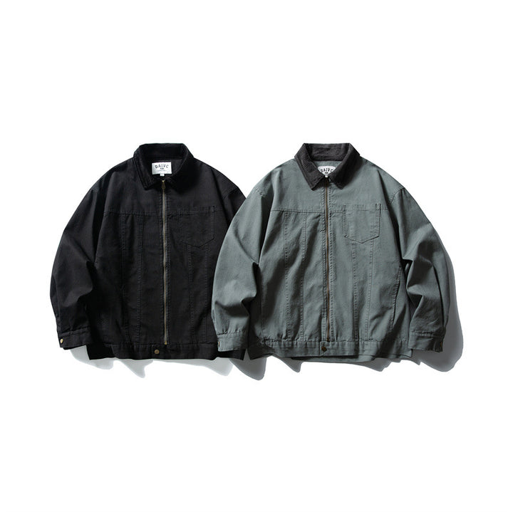 Men's Boxy Canvas Blouson Jacket with Cord Collar and Full-Length Zipper Mune Fashion