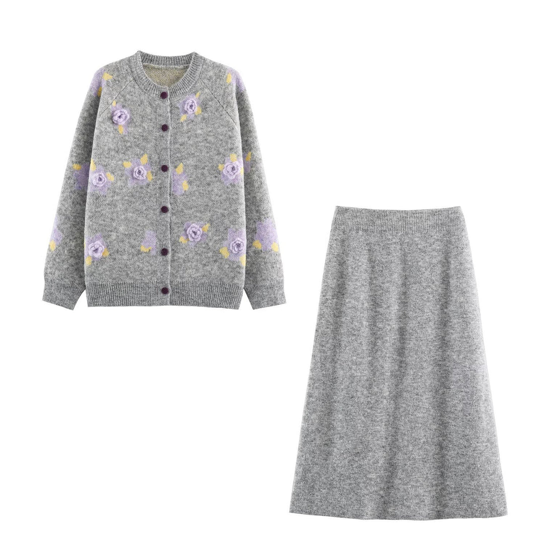 Women's Fine Knit Two-Piece Cardigan with Floral Jacquard and Tailored A-Line Knit Skirt Mune Fashion