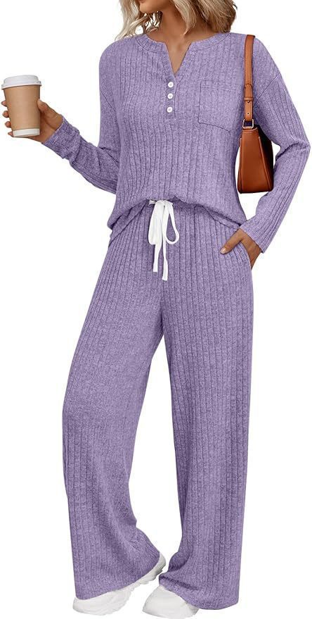 Women Ribbed Knit Lounge Set with Button Placket and Wide Drawstring Pants Mune Fashion